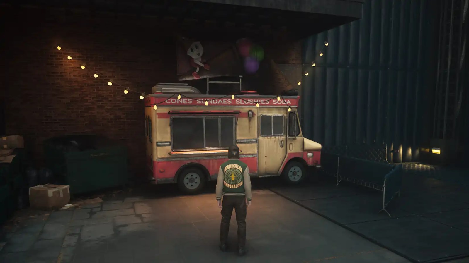 Dylan standing in front of a vendor, which looks like an ice cream truck, in Control Resonant.