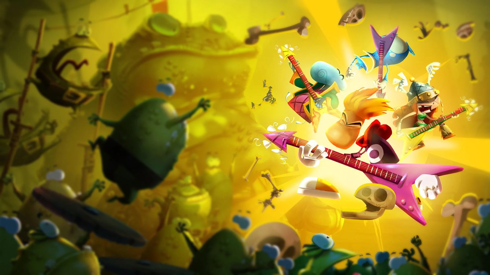 Rayman plays a guitar for some frogs