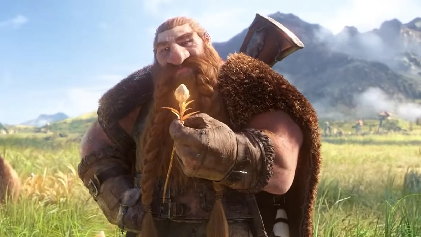 Image from World of Warcraft: Forever trailer showing a bearded dwarf examining a flower in a meadow.