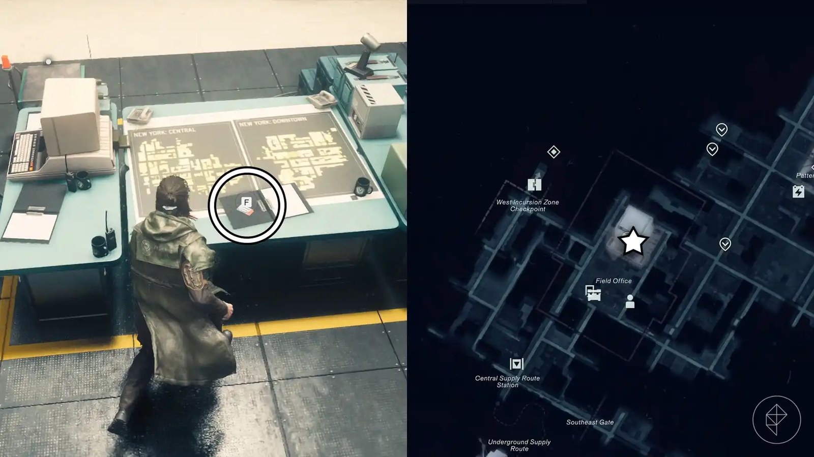 The location of the level 1 keycard in the Field Office in Control Resonant.