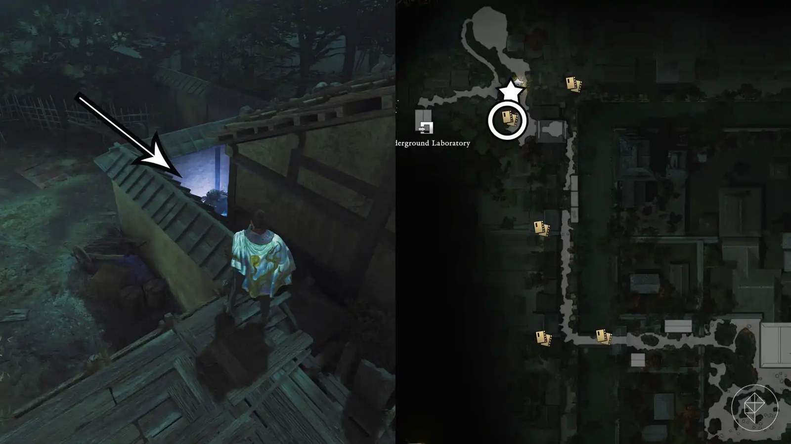 A montage using two Onimusha: Way of the Sword screenshots showing where to find a Kubi Akari