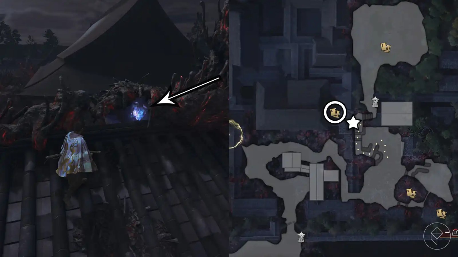 onimusha_guides_acearcherkyoto_4A montage using two Onimusha: Way of the Sword screenshots showing where to find a Kubi Akari