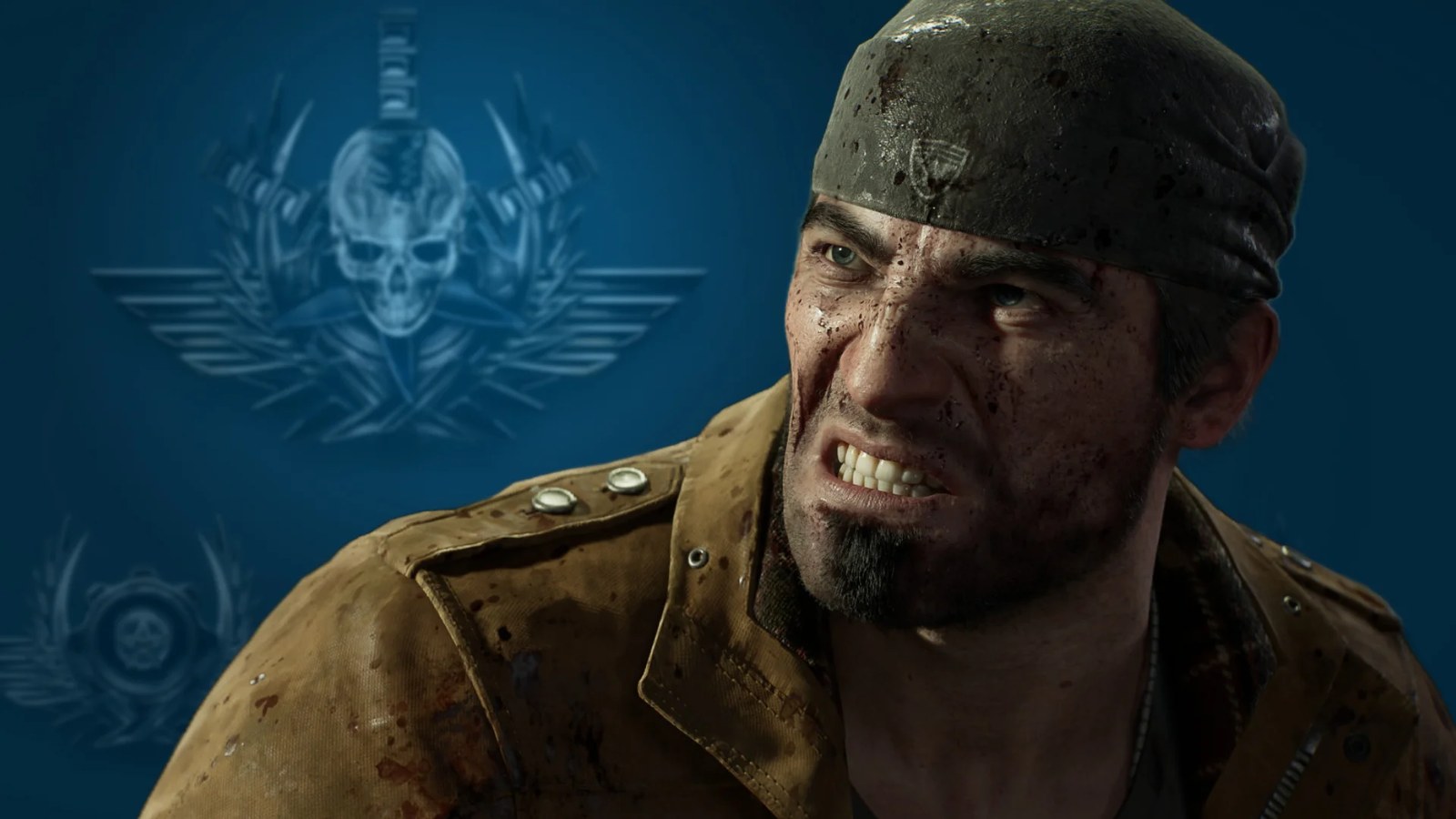 Marcus Fenix as he appears in Gears of War: E-Day, with difficulty emblems behind him