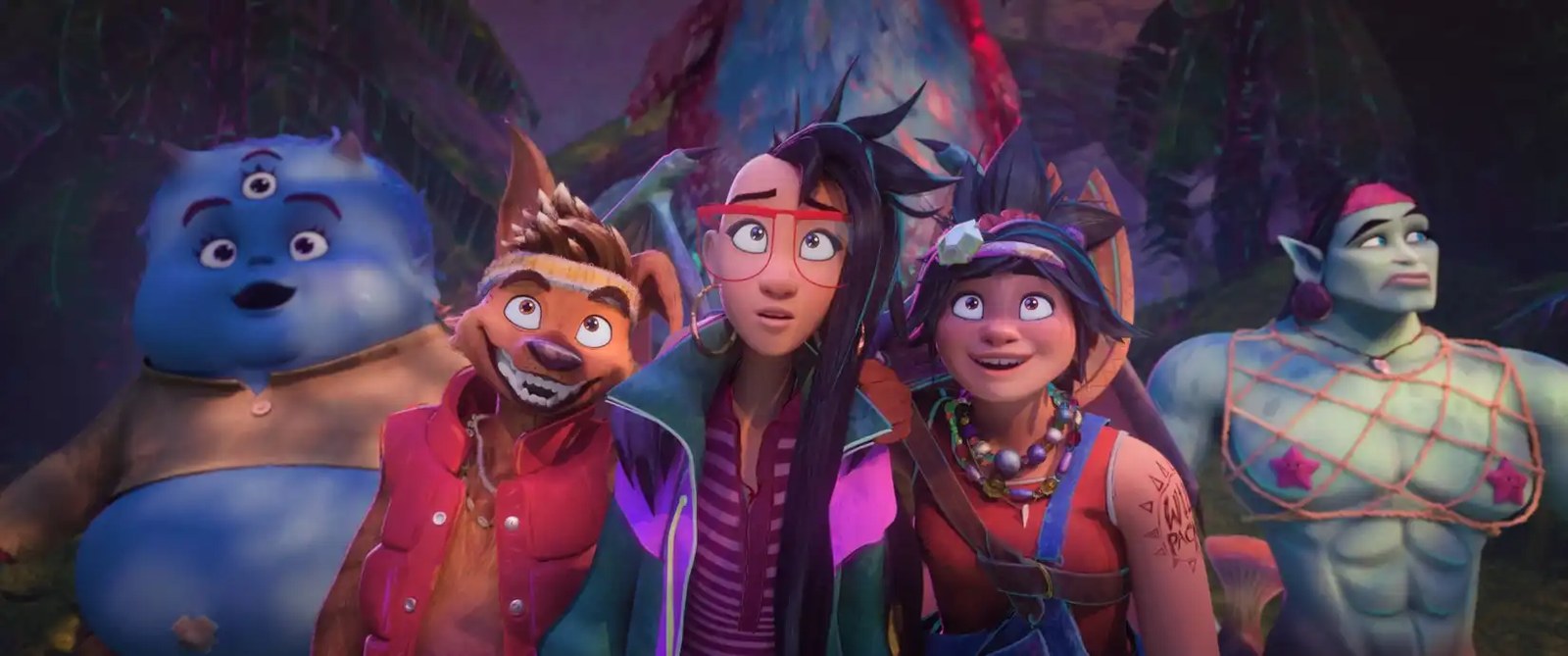 An ensemble of characters from Forgotten Island: Two teenage girls, a were-dog, a three-eyed blue demon-baby, and a merman in a net vest and starfish nipple covers
