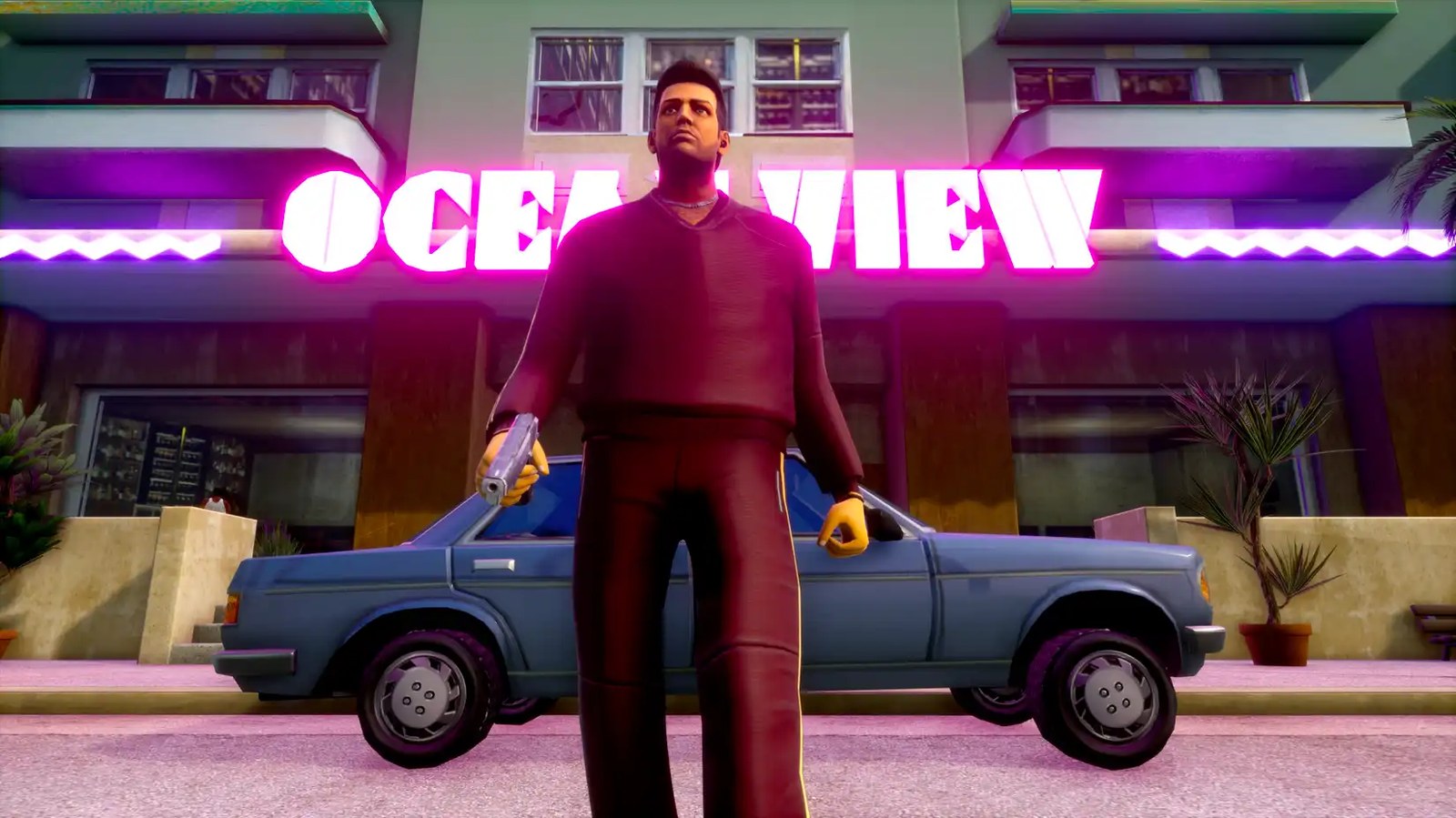 A screenshot of Tommy Vercetti in Vice City from the Grand Theft Auto: The Trilogy – The Definitive Edition
