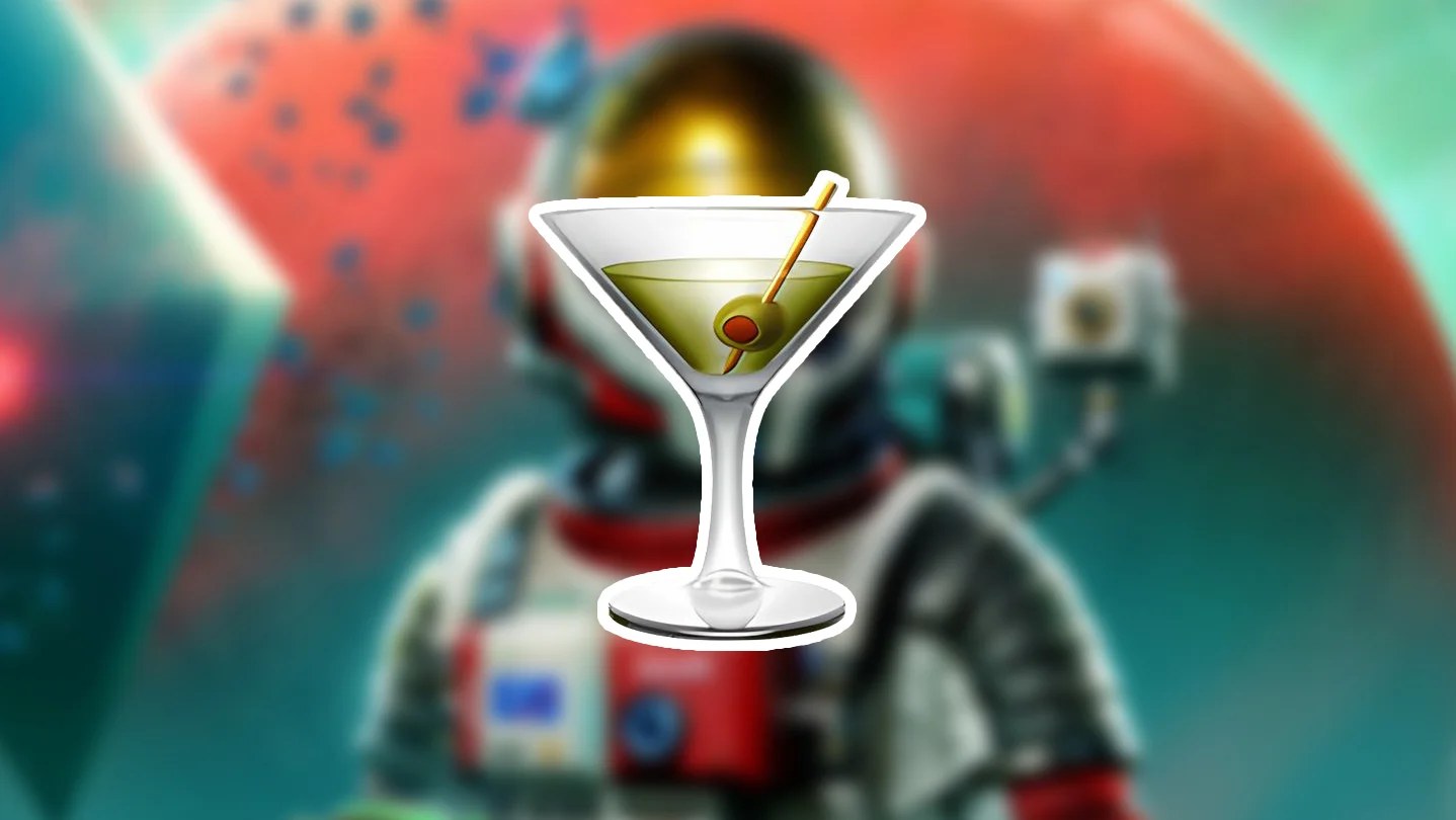 A cocktail emoji superimposed over blurred No Man's Sky artwork of a space traveller.