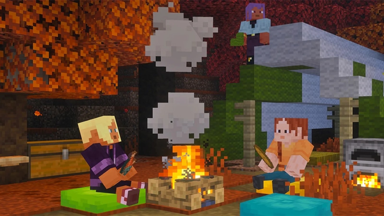 Minecraft screenshot showing players sitting on cushions around a campfire.
