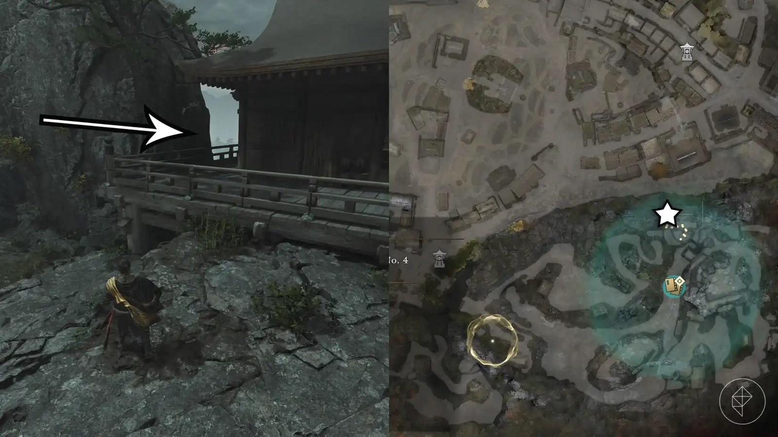 A montage using two Onimusha: Way of the Sword screenshots showing where to find a hidden treasure