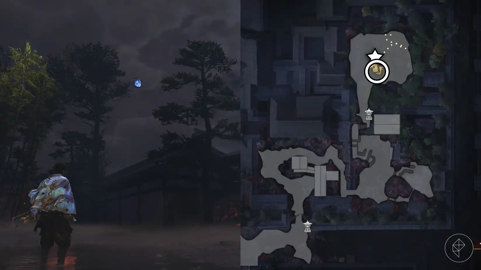 A montage using two Onimusha: Way of the Sword screenshots showing where to find a Kubi Akari
