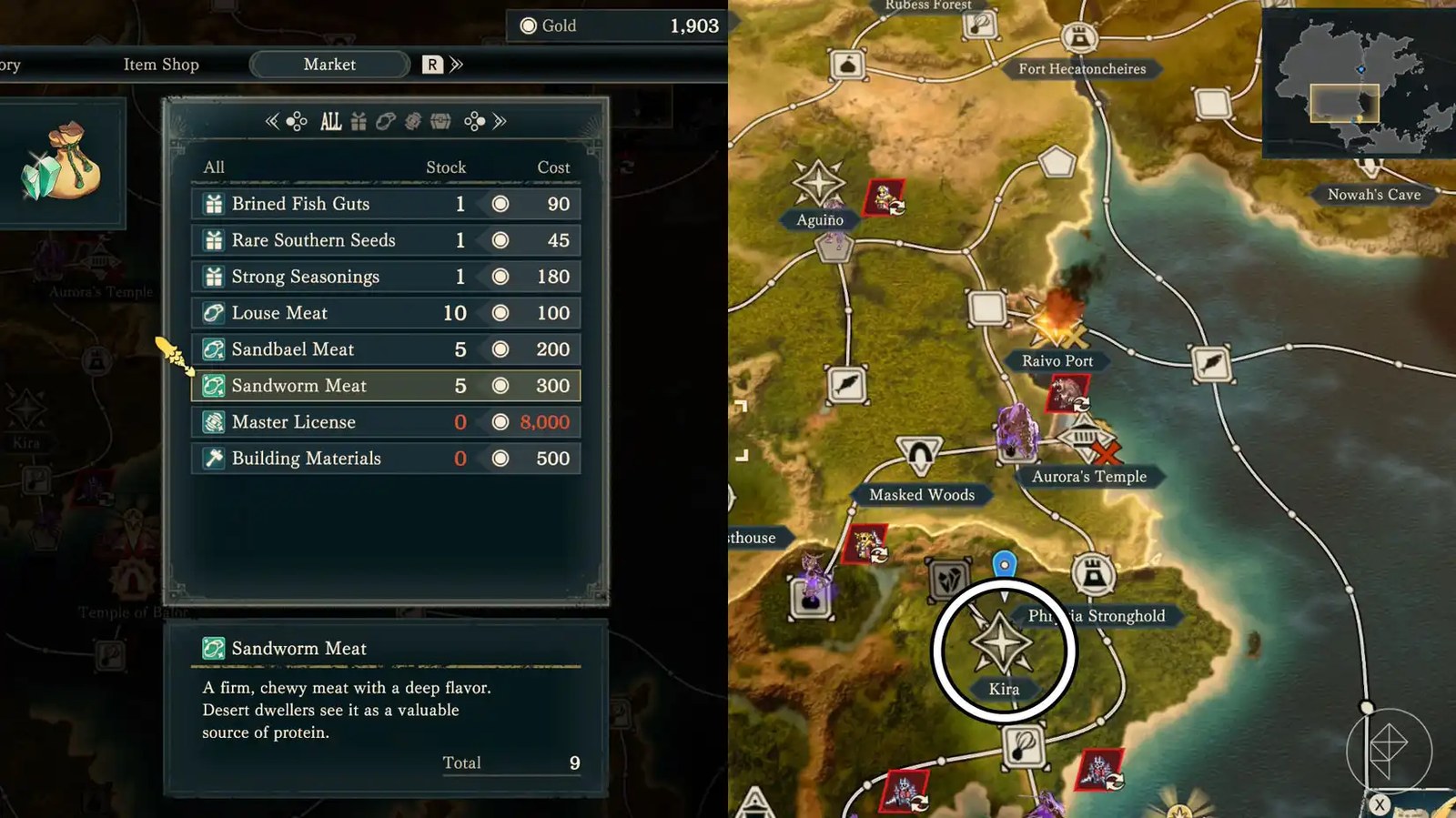 A montage using two Fire Emblem: Fortune's Weave screenshots showing the Kira settlement and the list of items you can buy from there