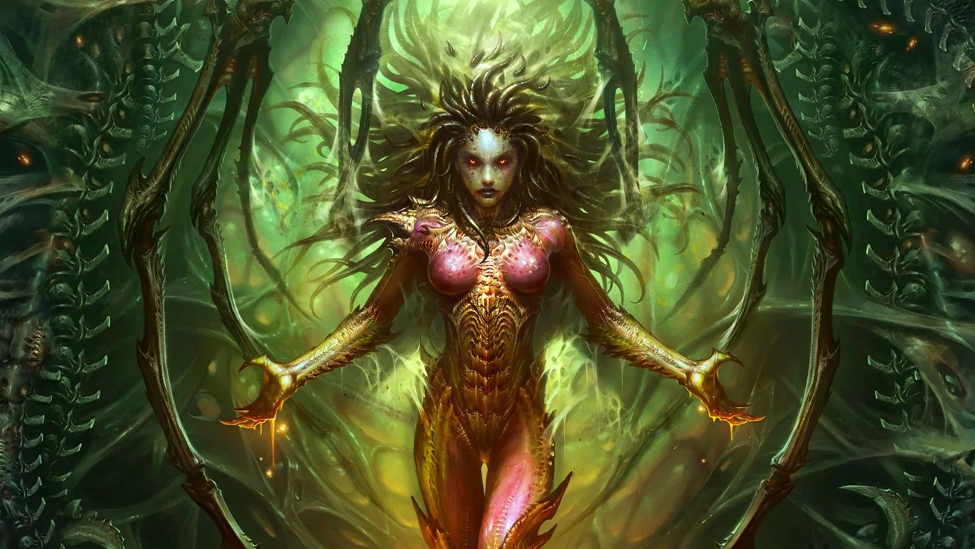 Artwork showing Kerrigan from StarCraft, the human soldier turned alien brood mother, and seen here in her half-insect-like-form.