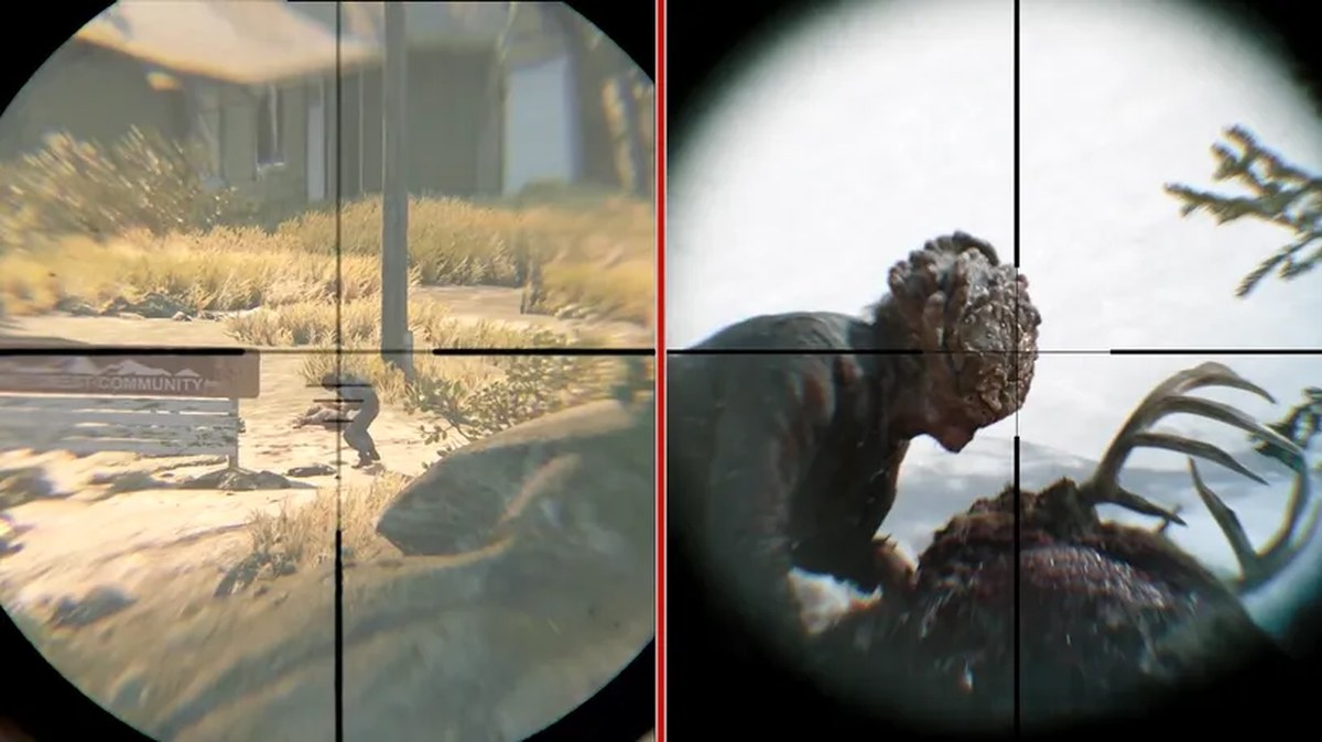 Due to the show having been re-arranged to tell the story in a more linear fashion, the sequence in which Tommy teaches Ellie how to shoot across long distances is now one of the earliest scenes of The Last of Us season 2. In the game, this was told in flashback as part of the Finding Strings chapter, which occurs during day two of Ellie’s time in Seattle – many hours into the campaign.
That’s not the only change. As you can see from the thick blanket of snow, the time of year is completely different. While Ellie and Tommy trek through the sun-kissed Wyoming mountains in the game, they’re lying prone in a freezing winter landscape in the show. There is a connection, though; in the game, Tommy mentions that hordes of infected move through this region in the winter. Since it’s currently winter in the show, perhaps such a horde will turn up in the next few episodes? 