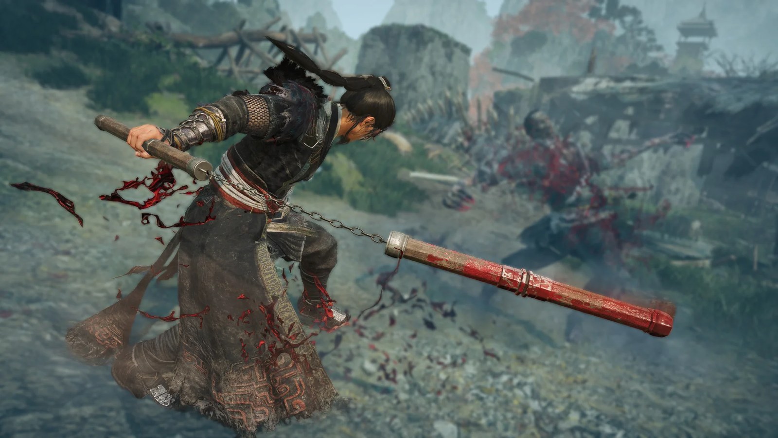 Main character using a nunchunk to dispatch an enemy in Wo Long 2: Wings of Ember