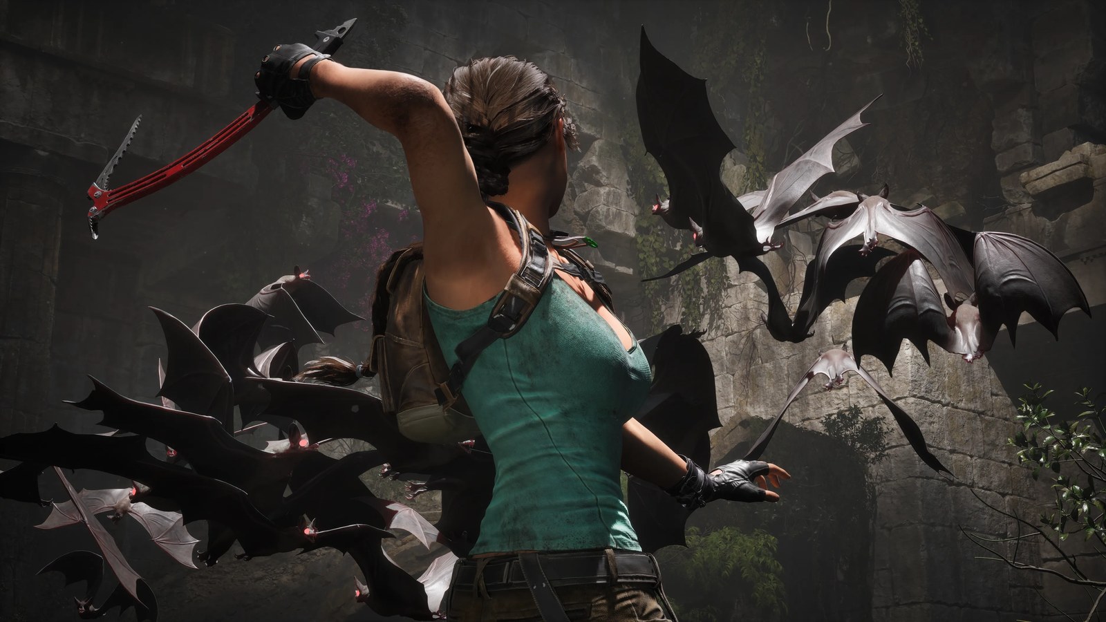 Lara hacking some bats to death with an ice pick