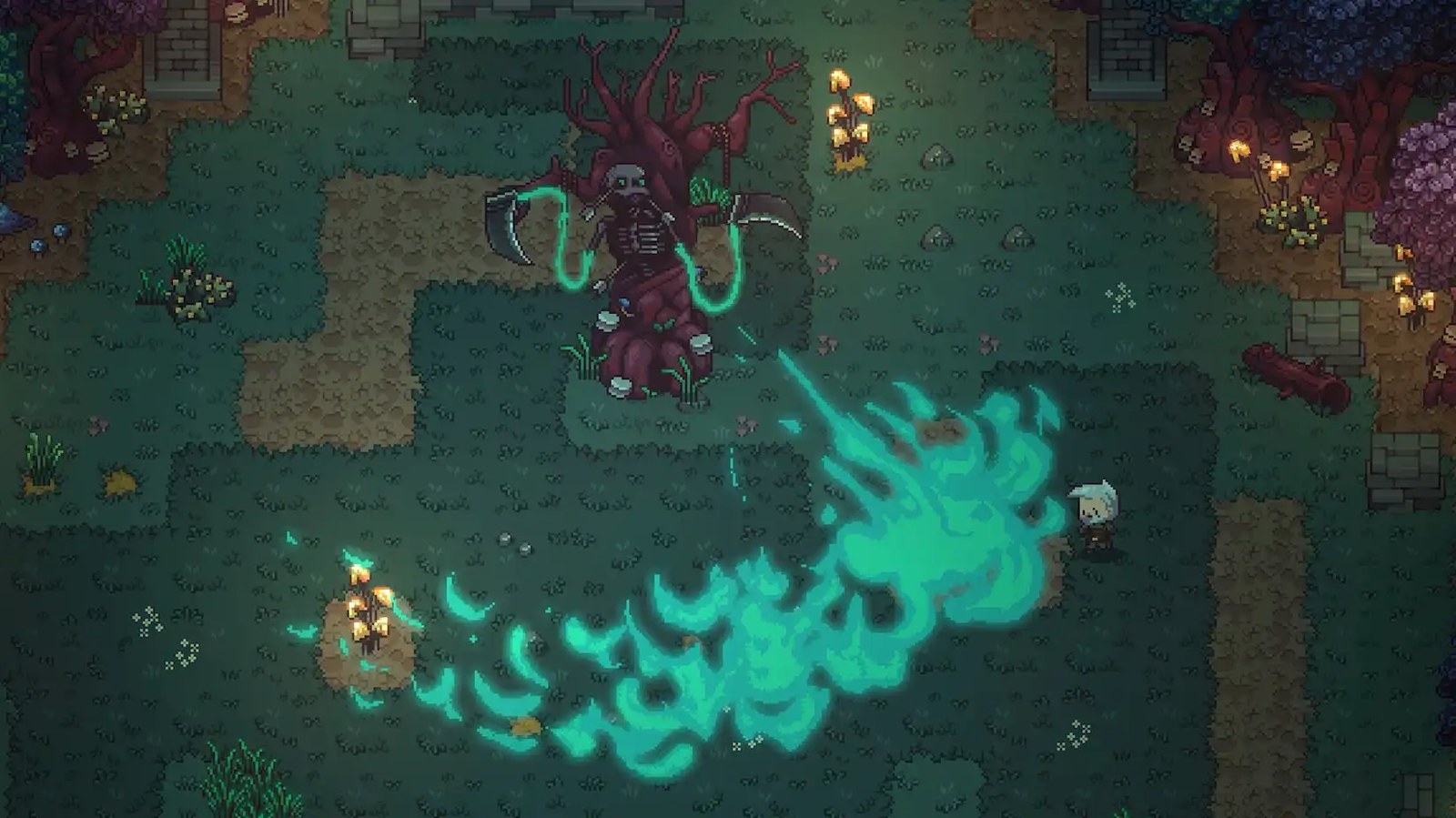 A giant skeleton breathing green fire in Emberville