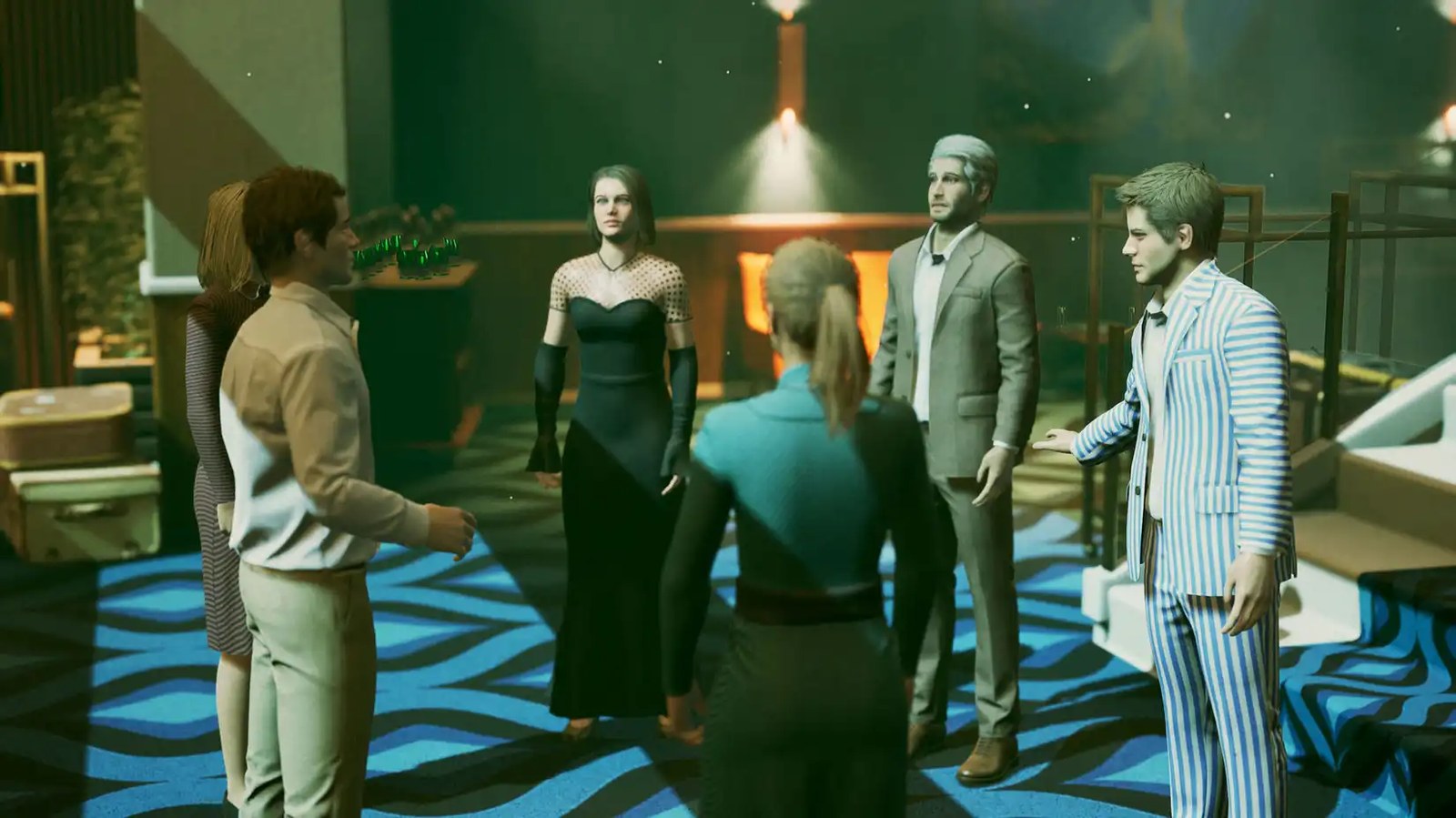A group of players talking in First Class Trouble.