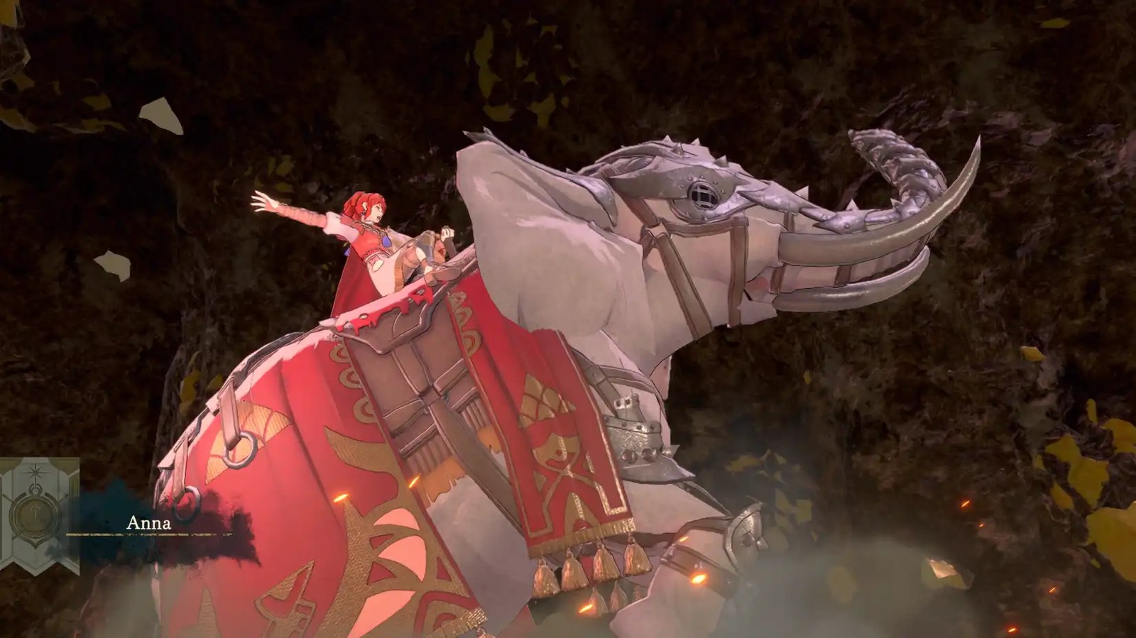 Anna rides on an armored elephant in a screenshot from Fire Emblem: Fortune's Weave