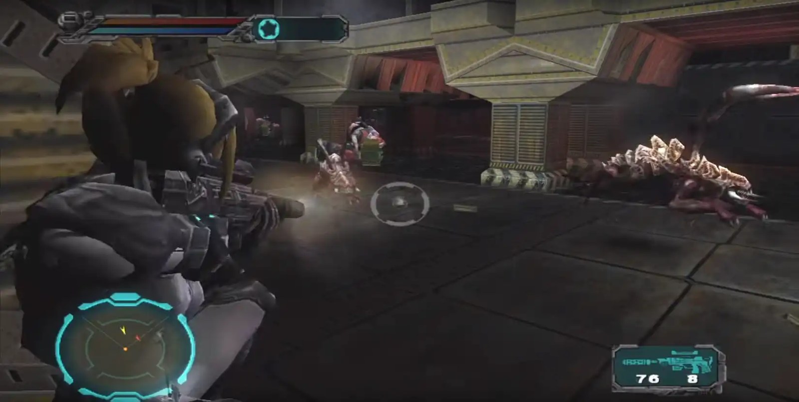 Screenshot of the canceled game StarCraft Ghost showing the player character aiming a rifle at an enemy