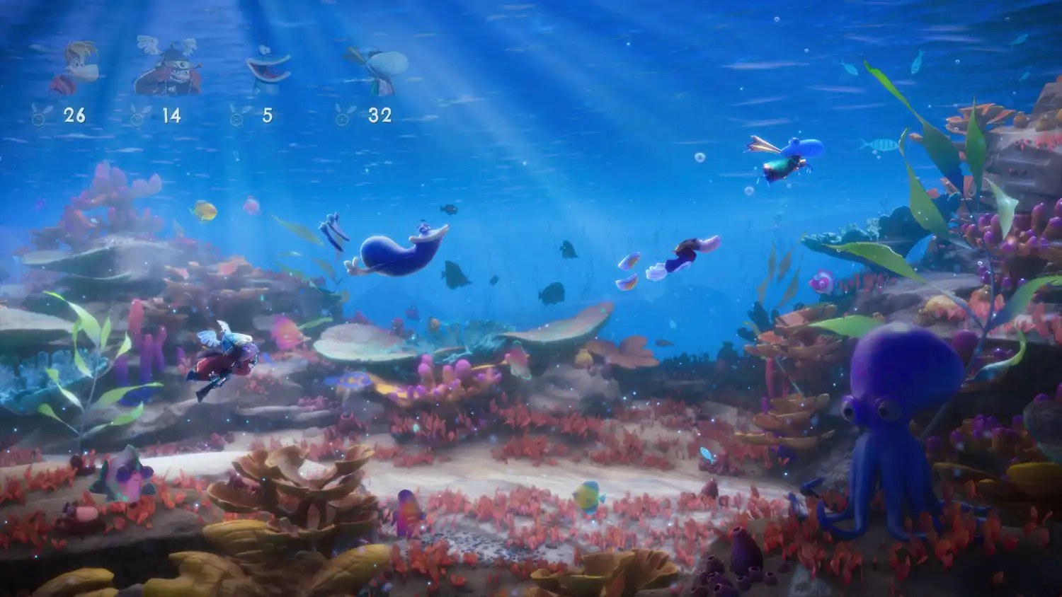 Rayman Legends Retold - four players swimming underwater in a peaceful blue sea