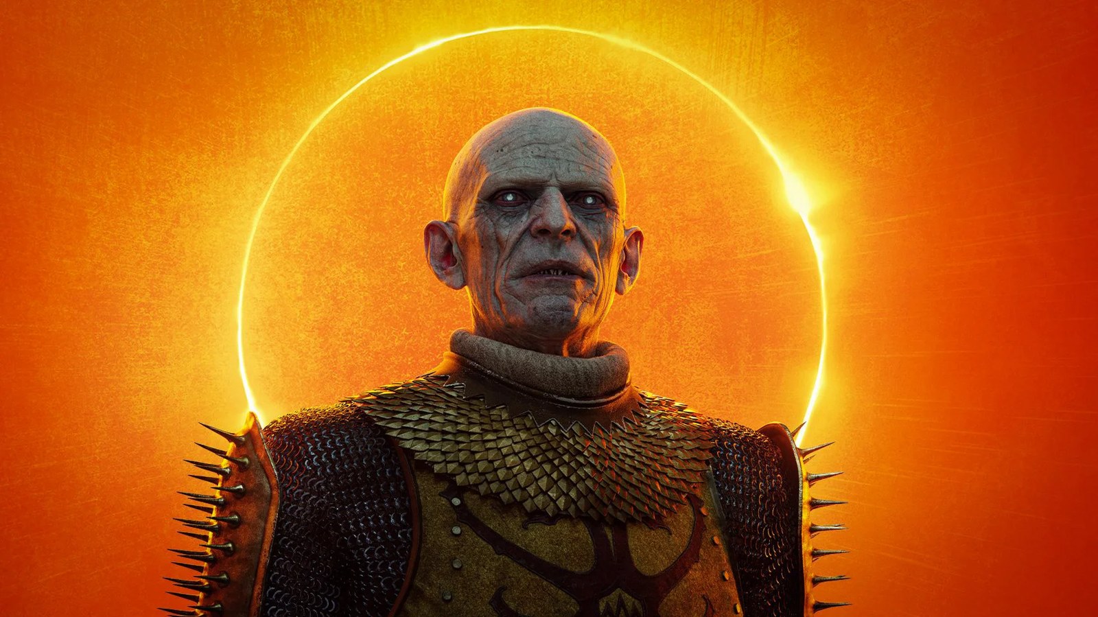 A bald-headed, ferocious looking soldier, who looks like they've lost all vitality and life from their visage. Probably because they have - it's the lead vampire from The Blood of Dawnwalker. Brencis. Behind him, a sun is eclipsed.