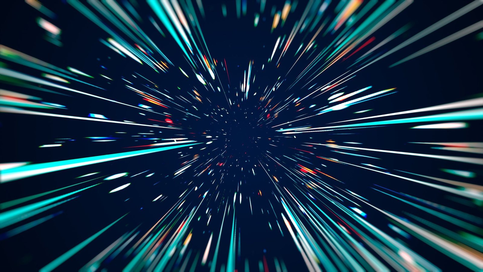 image of a starfield moving away from a first person perspective, colored rainbow streaks