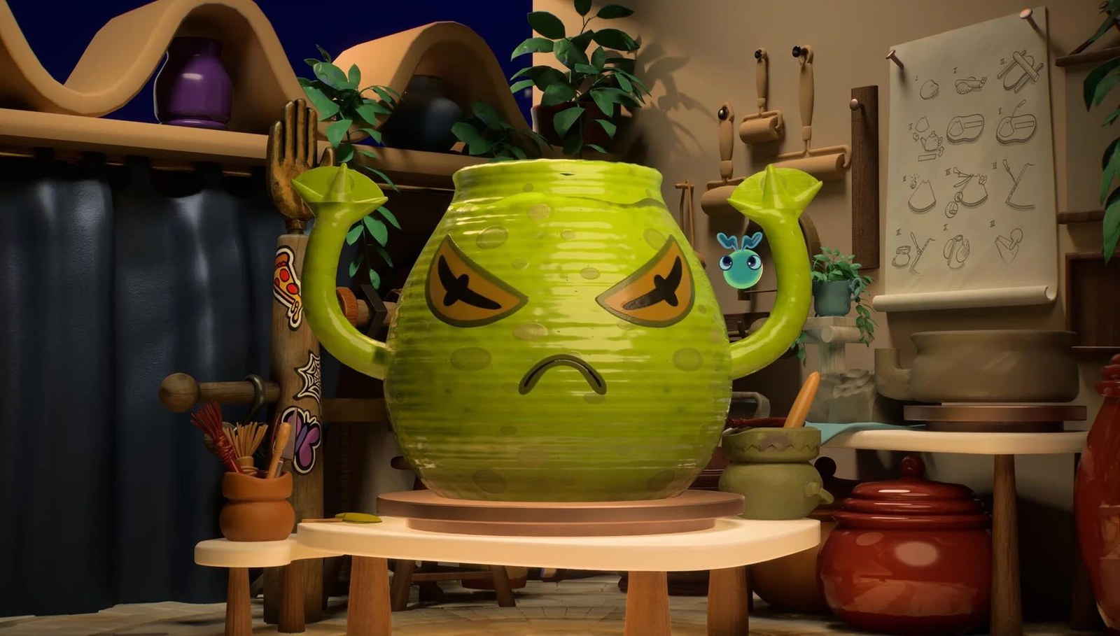 Kiln screenshot showing a green clay pot on a pottery wheel, decorated with a frowny face and two raised hands.
