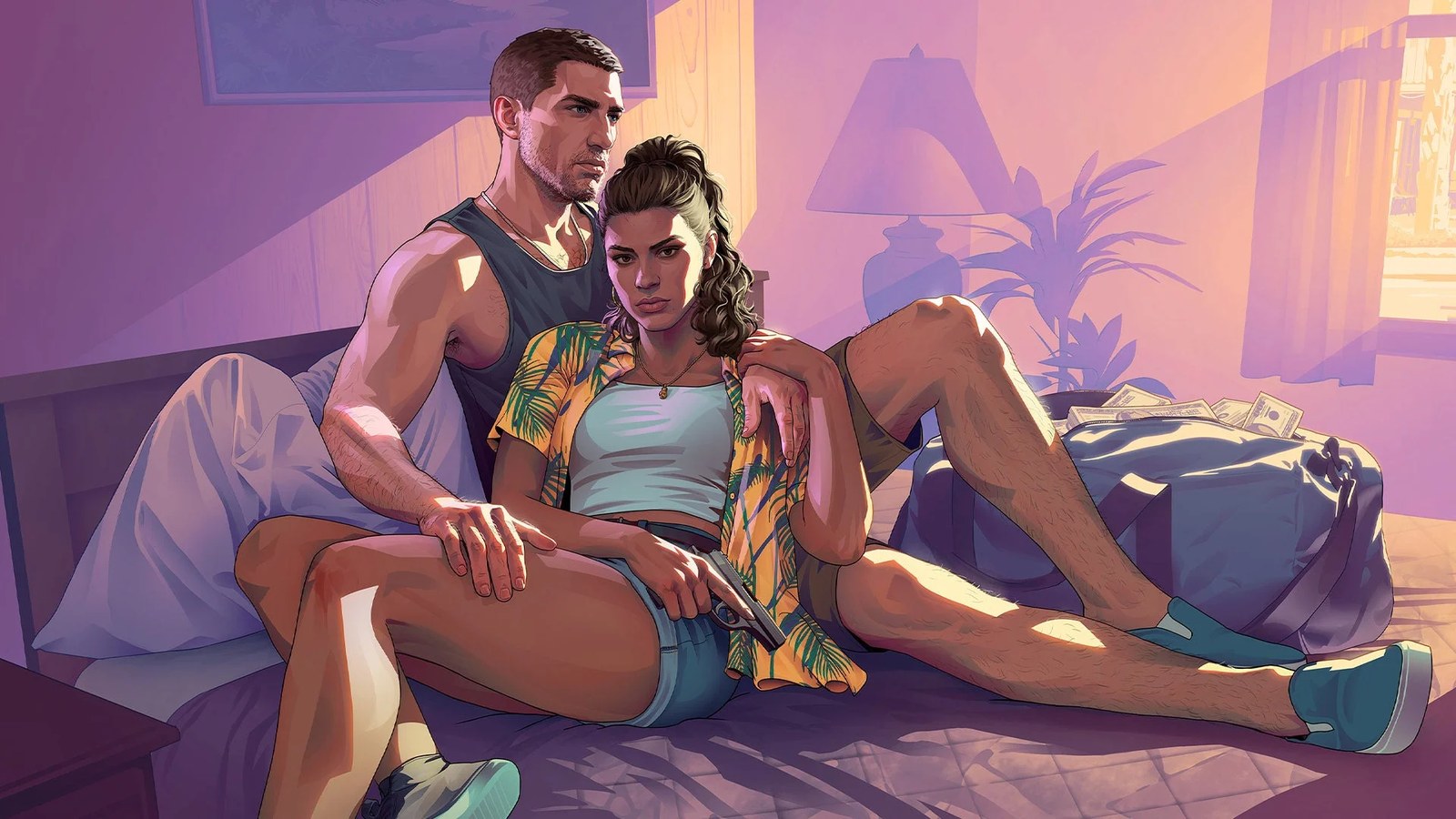 A man and woman sit in a bed.