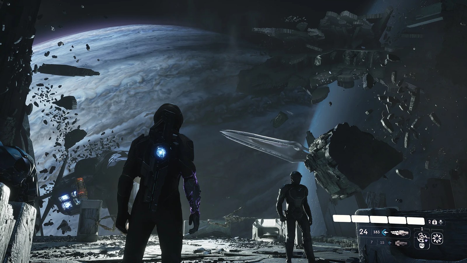 Jun and teammates stand on the outside of a space station, debris floating nearby in zero-gravity, in Exodus.