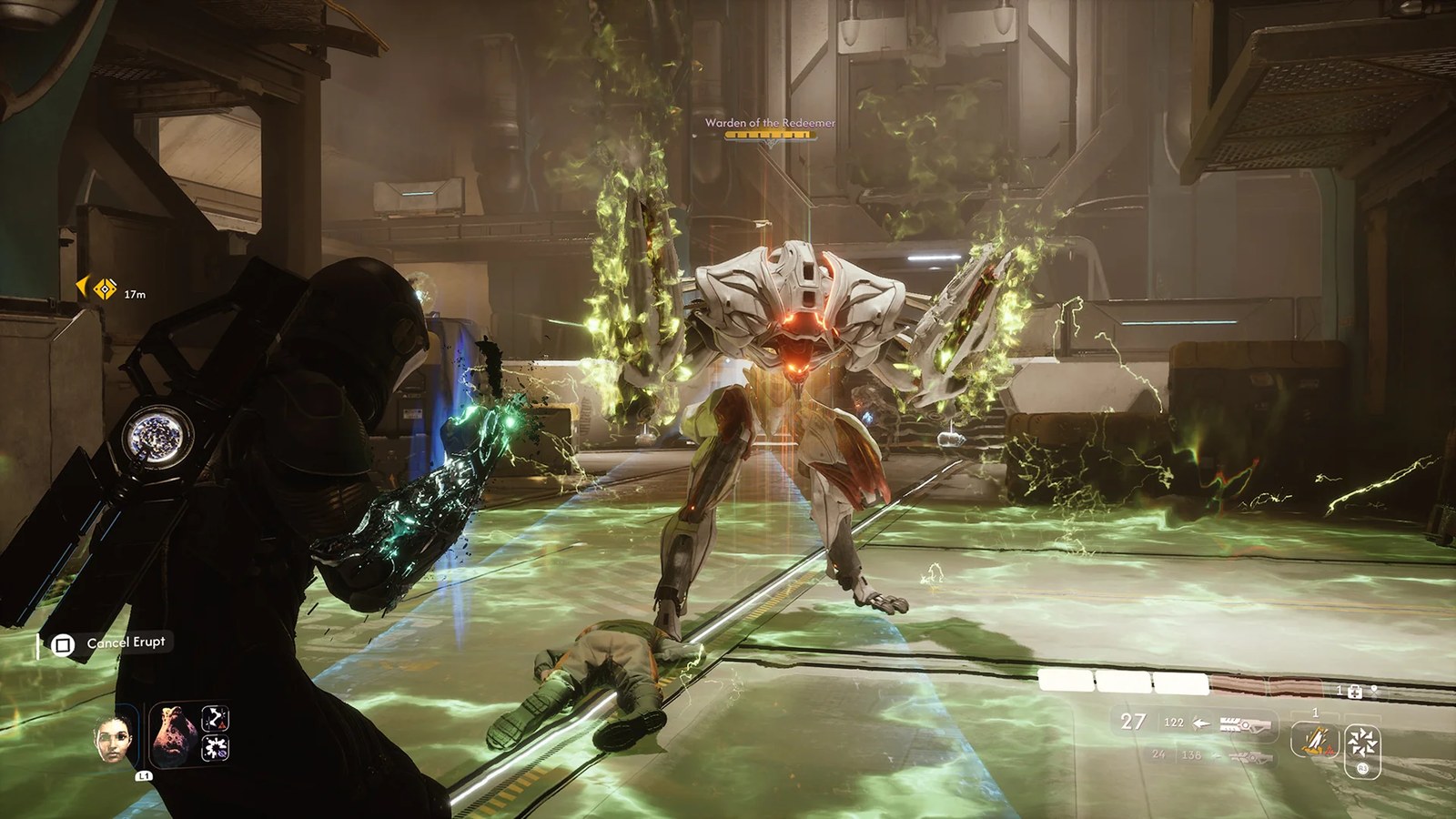 Jun aims a power at a Warden of the Redeemer enemy in Exodus.