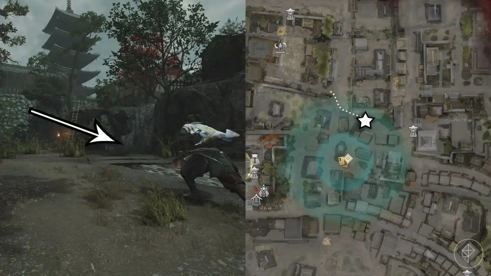 A montage using two Onimusha: Way of the Sword screenshots showing where to find a hidden treasure