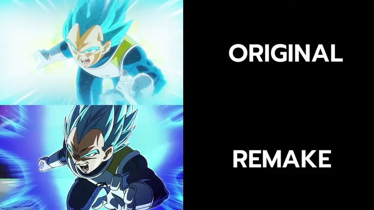 A comparison shot of Vegeta in Dragon Ball Super and its newer 2026 remake.