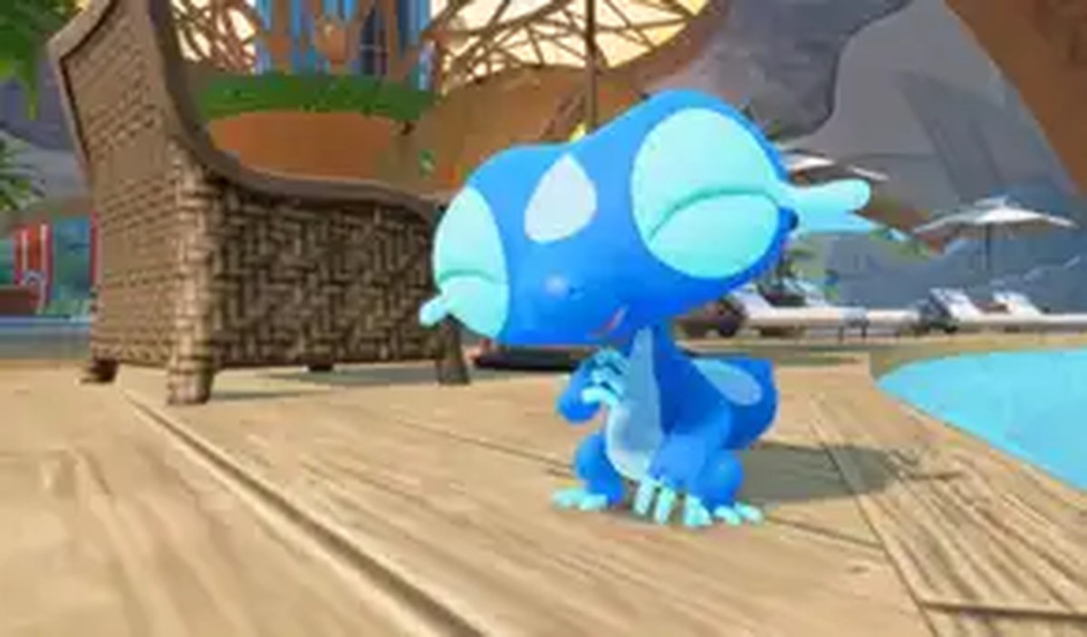 Pokemon Winds and Waves' Gecqua, the water-based starter, smiles with its eyes closed.