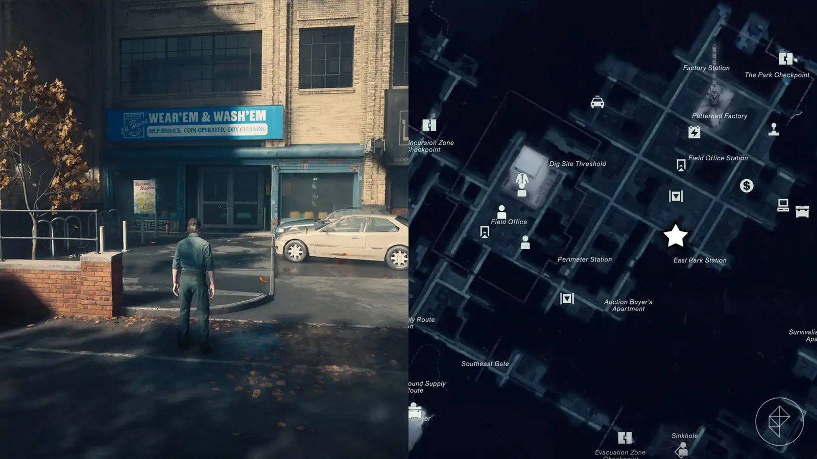 The left-hand side of the image shows Dylan Faden standing outside the Laundromat in Central in Control Resonant, while the right-hand side of the image shows the location marked on the in-game map with a star.