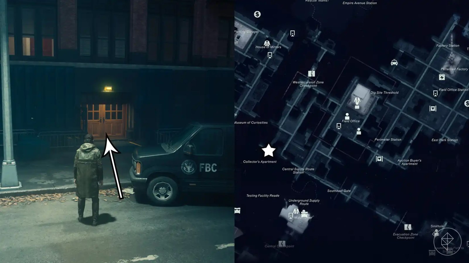 Dylan standing in front of the entrance to an apartment building in Control Resonant.