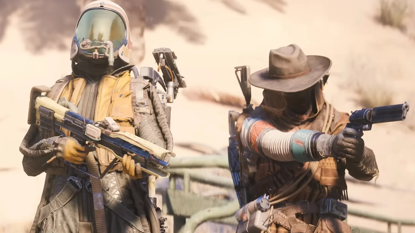 ARC Raiders pre-order trailer screenshot showing two characters in masks and cowboy hats holding guns