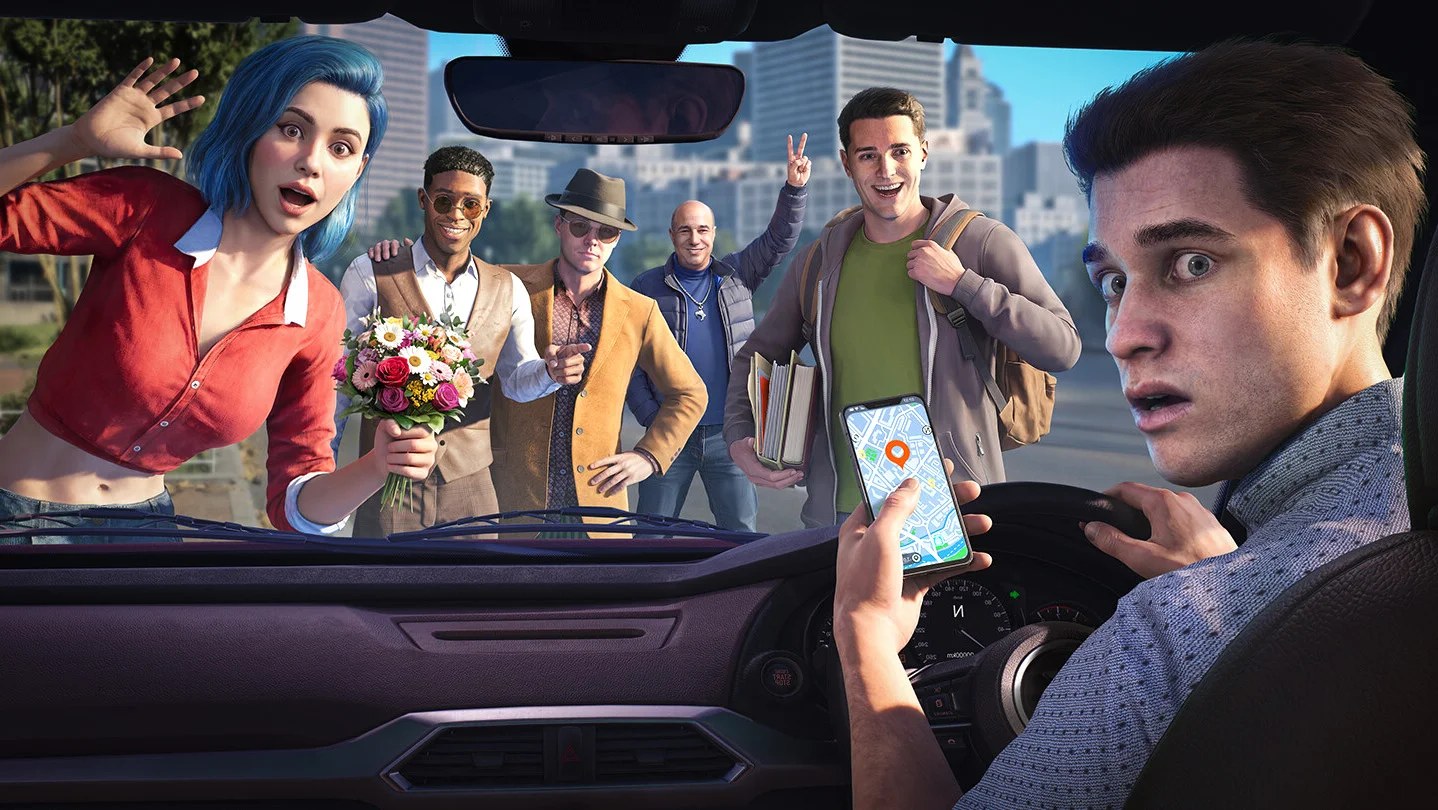A man driving a card with a phone in their hand turns around to the passenger seat, where the camera is, and looks shocked or concerned. In front of him, seen through the windscreen are a group of people who apparently all want to get in.