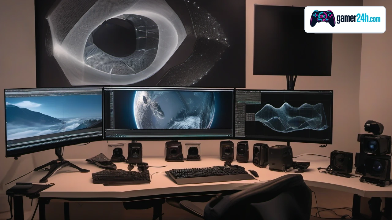 VR video post-production editing workstation with headset and ambisonic audio