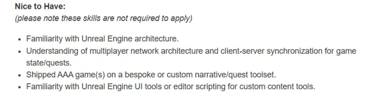 A screenshot from CD Projekt Red's job listing for a Lead Quest Programmer, which lists knowledge of multiplayer network architecture among the preferred qualifications.