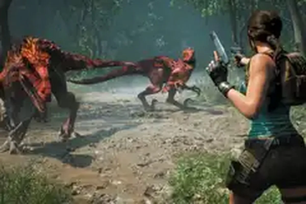 Dinosaurs circle Lara Croft in Tomb Raider: Legacy of Atlantis.