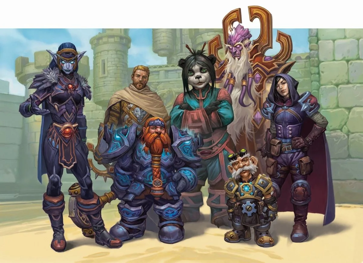A page from Dungeons & Dragons: World of Warcraft. A group of Alliance characters stand in a bright castle.
