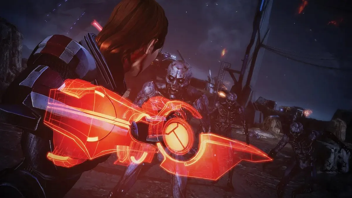 female shepard facing a group of enemies. 