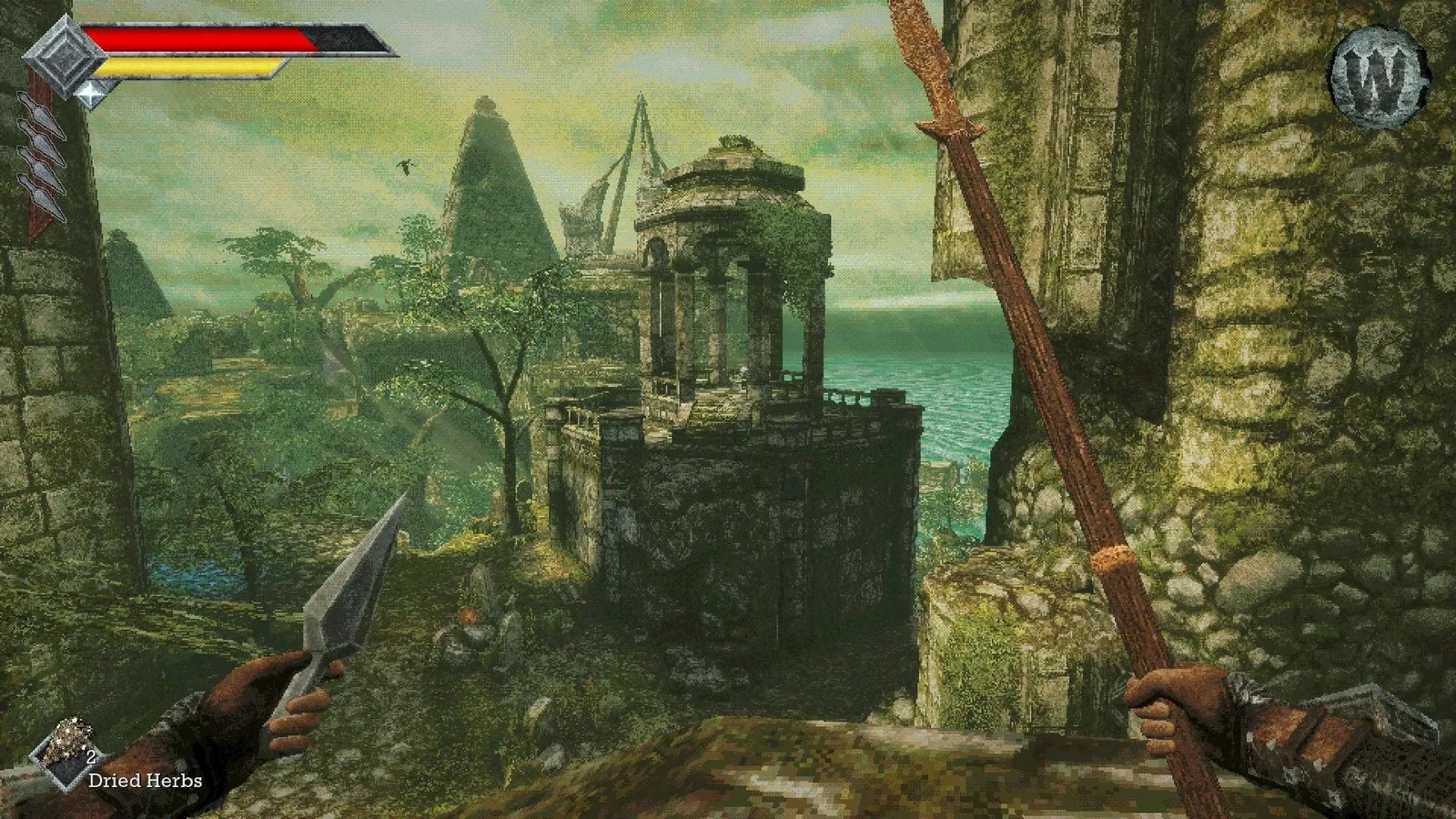 An elevated view of temples, pillars and distant buildings in Queen's Domain.