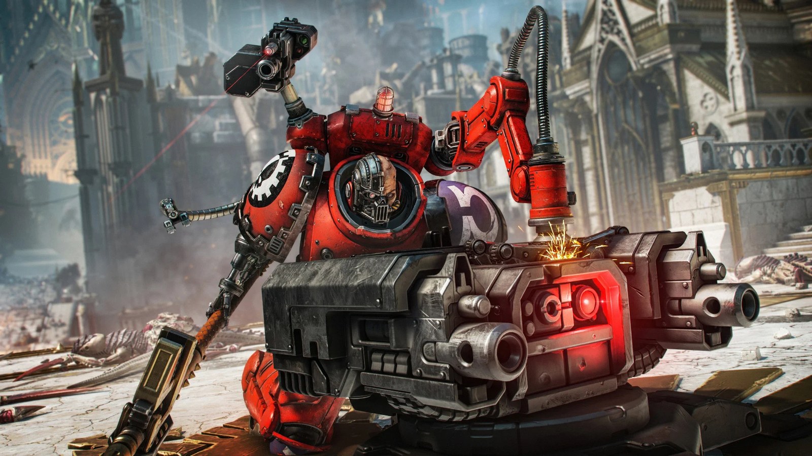 A red, cyborg-looking Space Marine with a gun and claw attached to its shoulders is repairing a turret in Warhammer 40K: Space Marine 2.