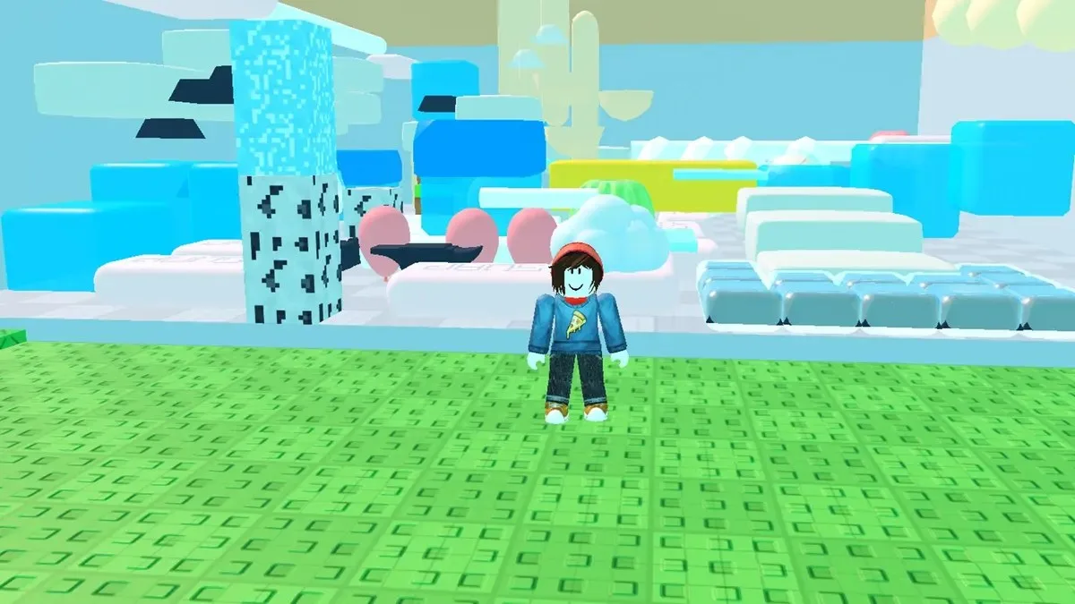 A player standing infront of their tower in Roblox Build an ASMR Tower.