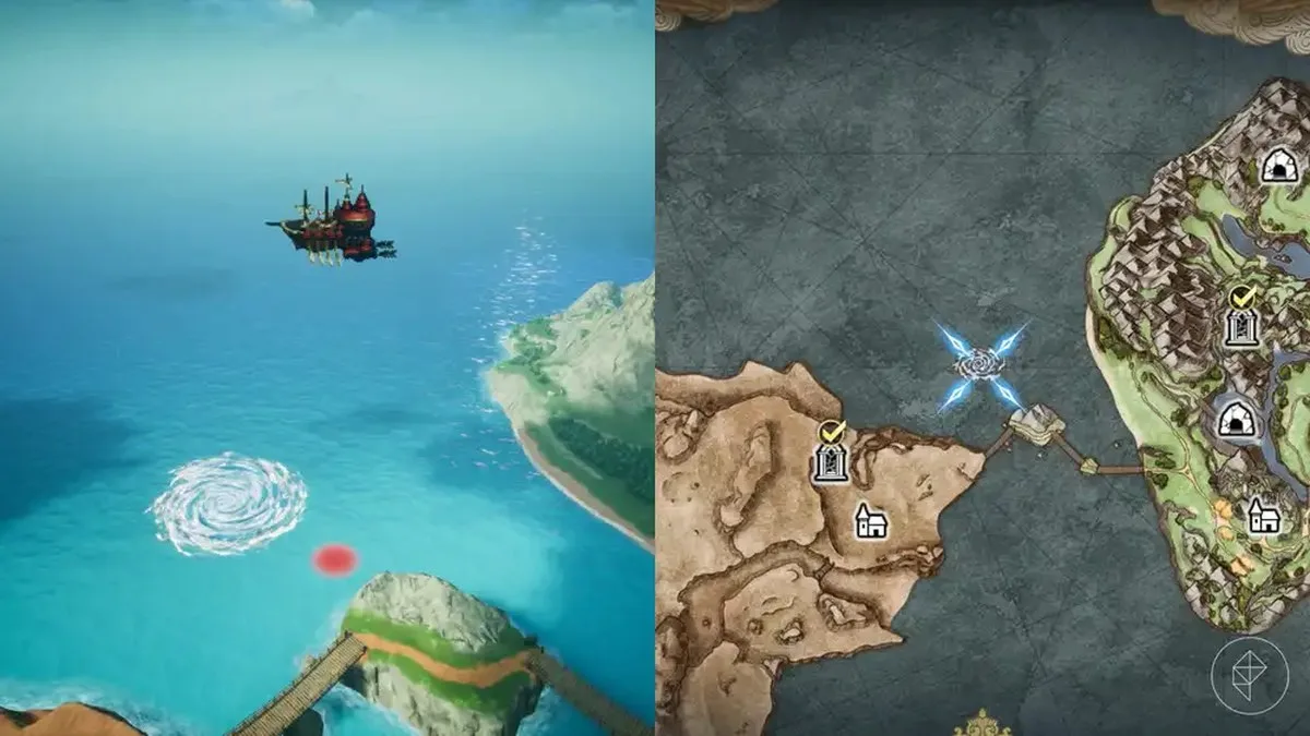 An airship approaches a whirlpool in the ocean in Final Fantasy Resonance