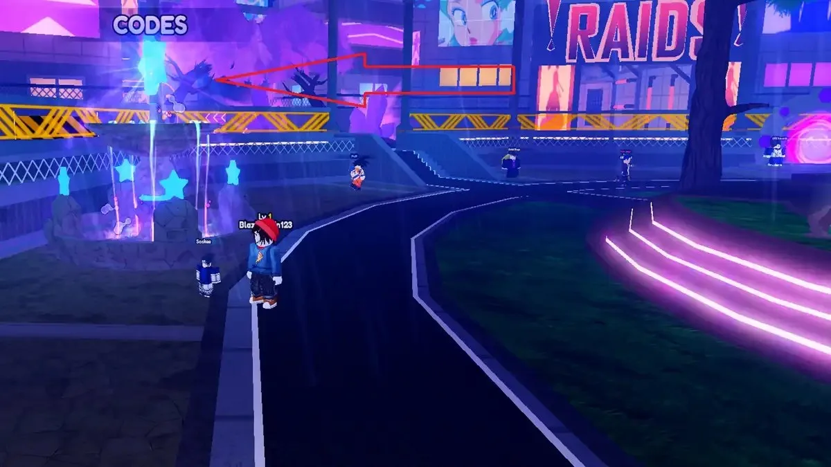 A player standing near the code fountain in Roblox Anime Galaxies.