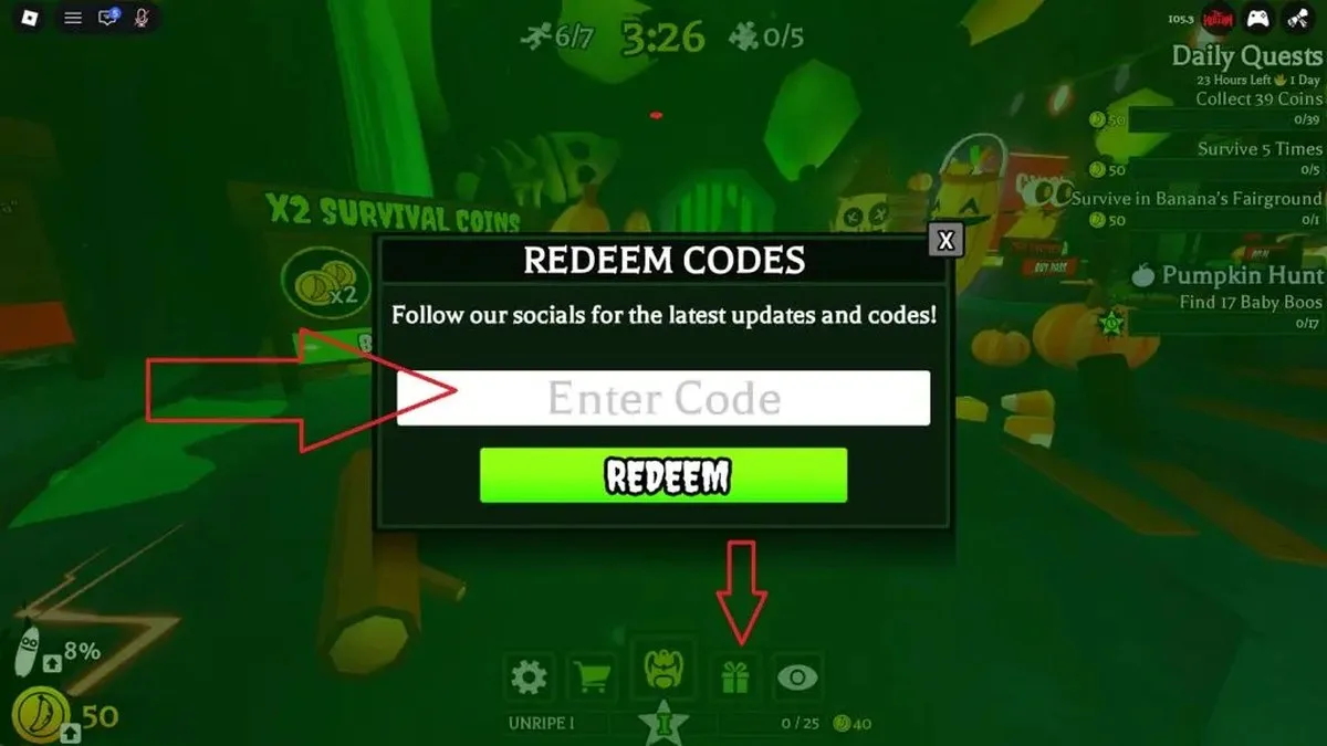 Codes redemption menu displayed in Roblox Banana Eats.
