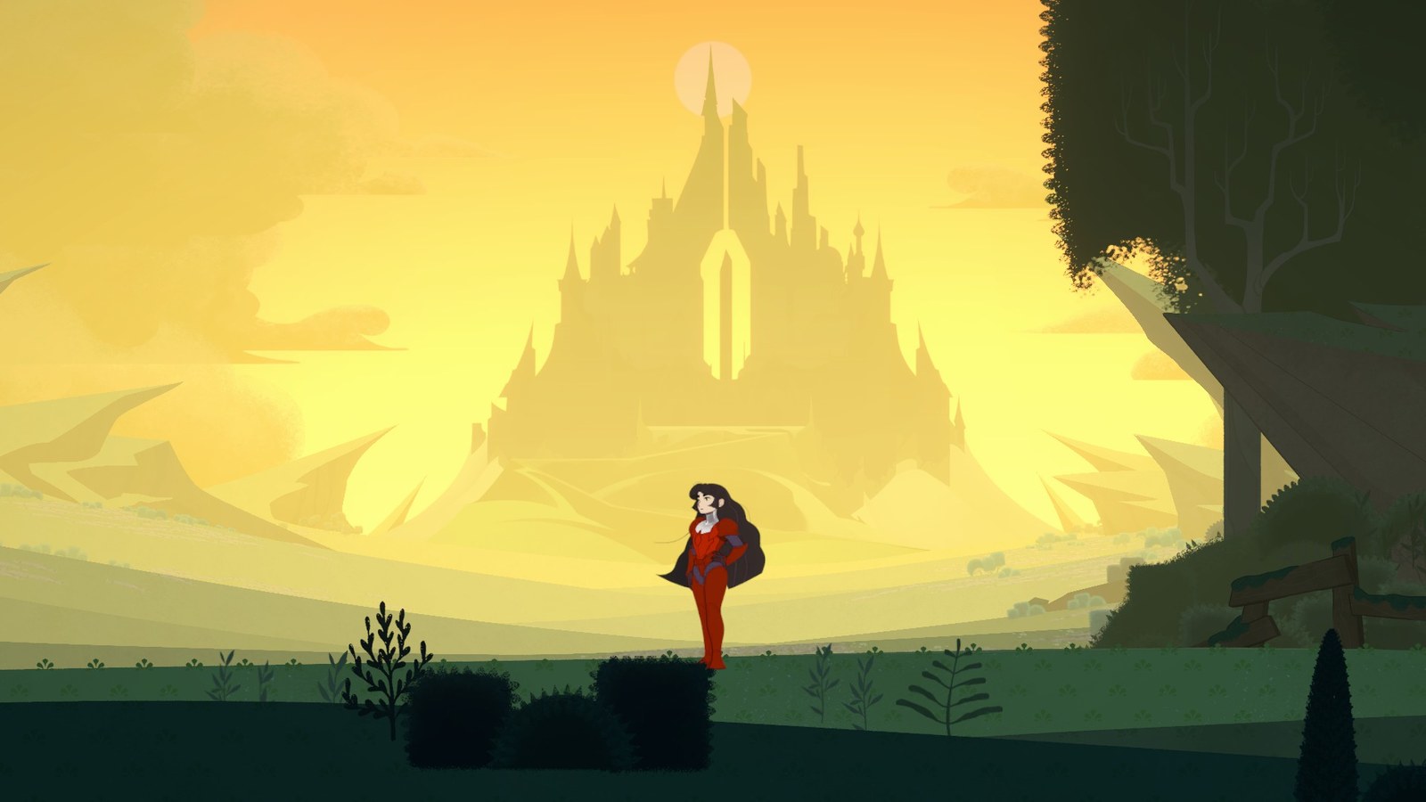 The protagonist of At Fate's End stands poised in front of a gorgeous castle.