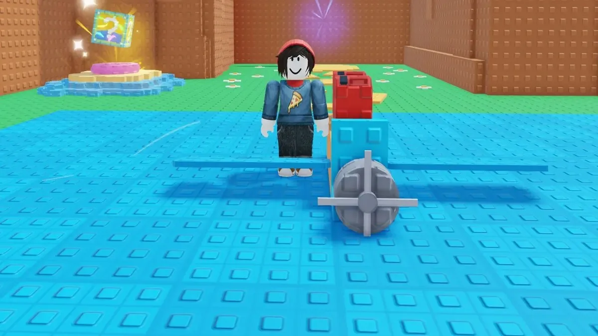 A player standing infront of a plane in Roblox Build a Plane.