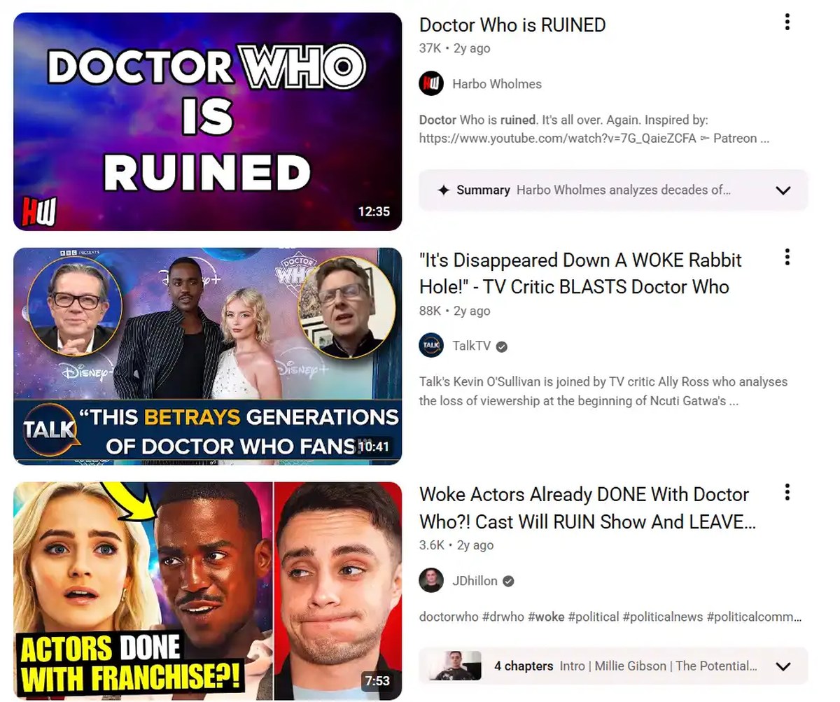 A screenshot of Doctor Who monetized hate content on YouTube